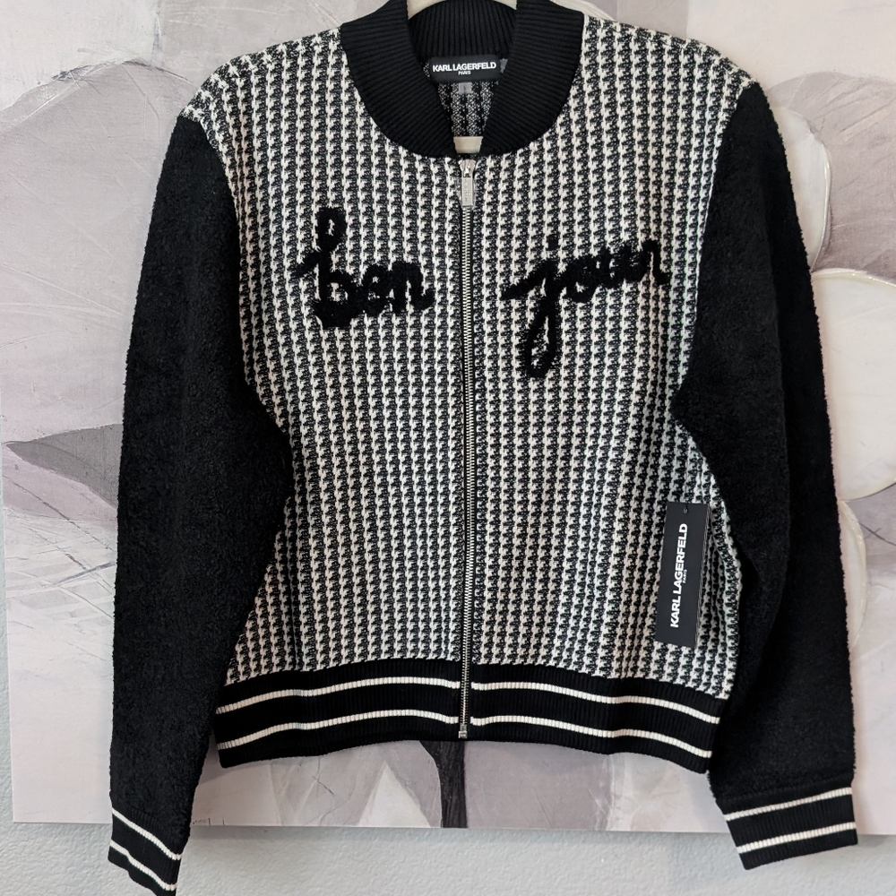 Karl Lagerfeld Paris Raised Logo Houndstooth Bomber Jacket Size Large Nwt ❤️